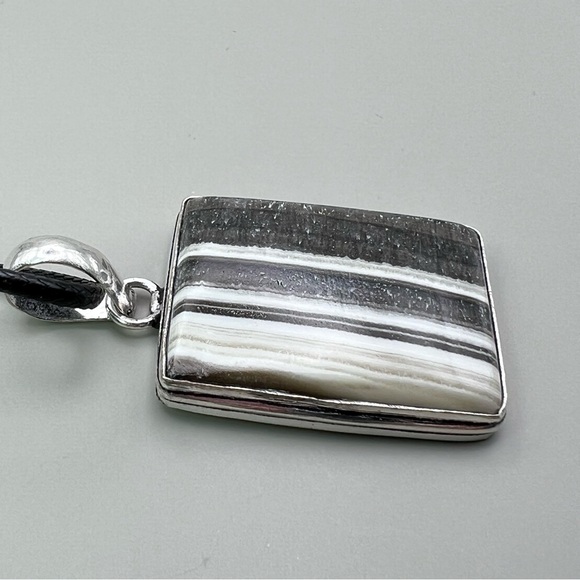 New Zebra Calcite Stone Silver Overlay Pendant Necklace with Cord - Picture 3 of 6